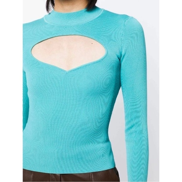 STAUD 90s Turquoise Rib Knit Mockneck Heart Cutout Long Sleeve Slim Fit Top XS - Picture 10 of 12